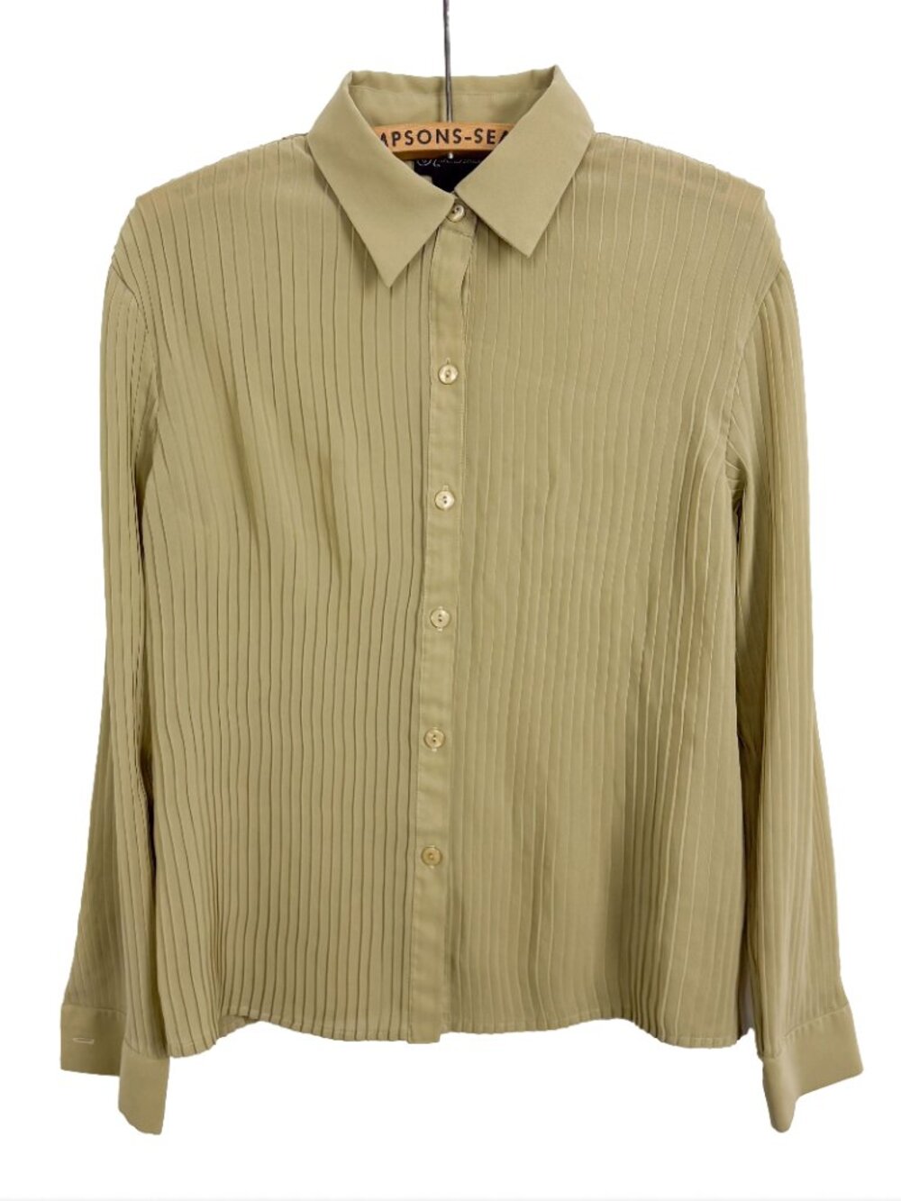 Karen Arnold Pleated Button-Up Blouse Long Sleeve Olive Green Size Medium